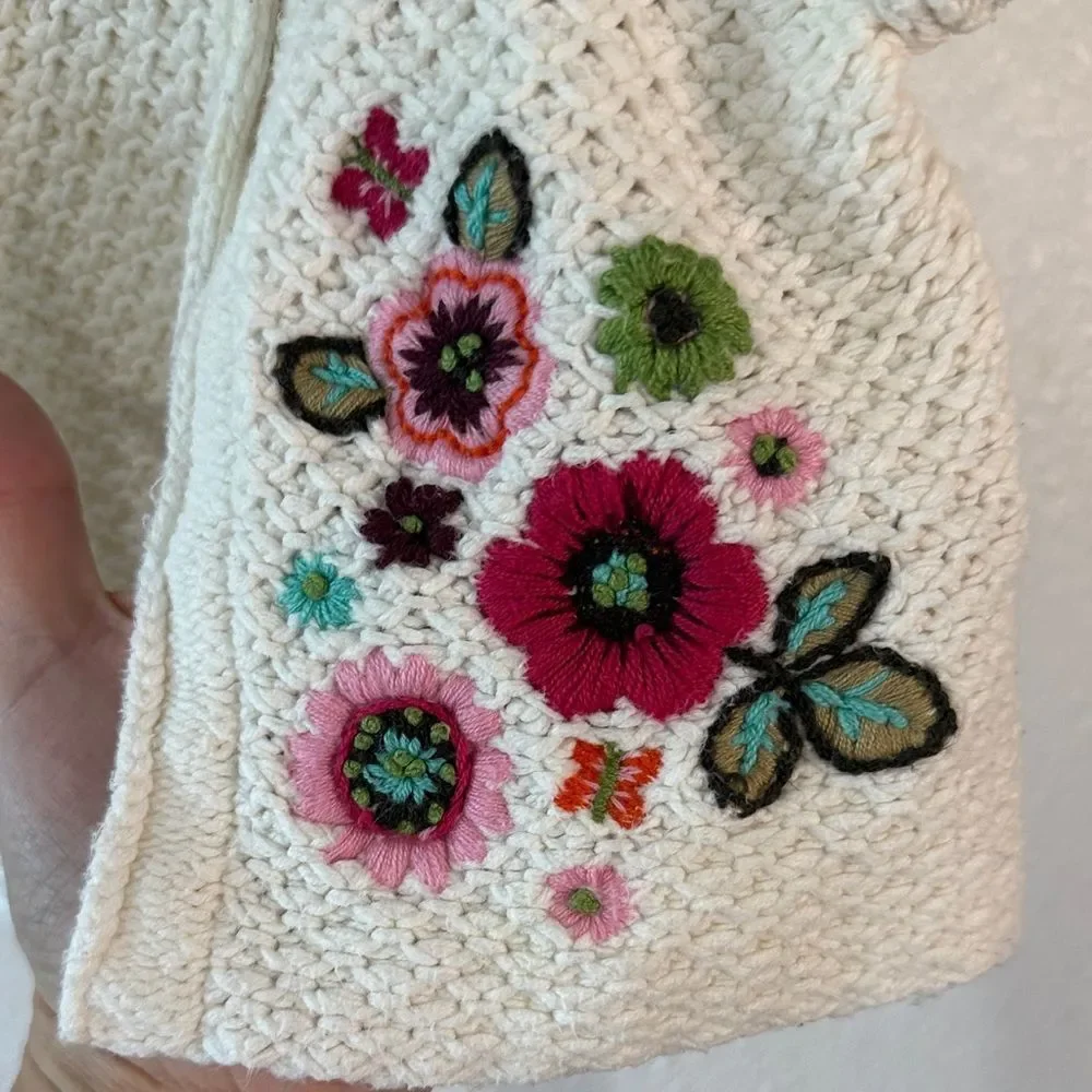 Cream Knit Baby Cardigan with Floral Embroidery-6-9m